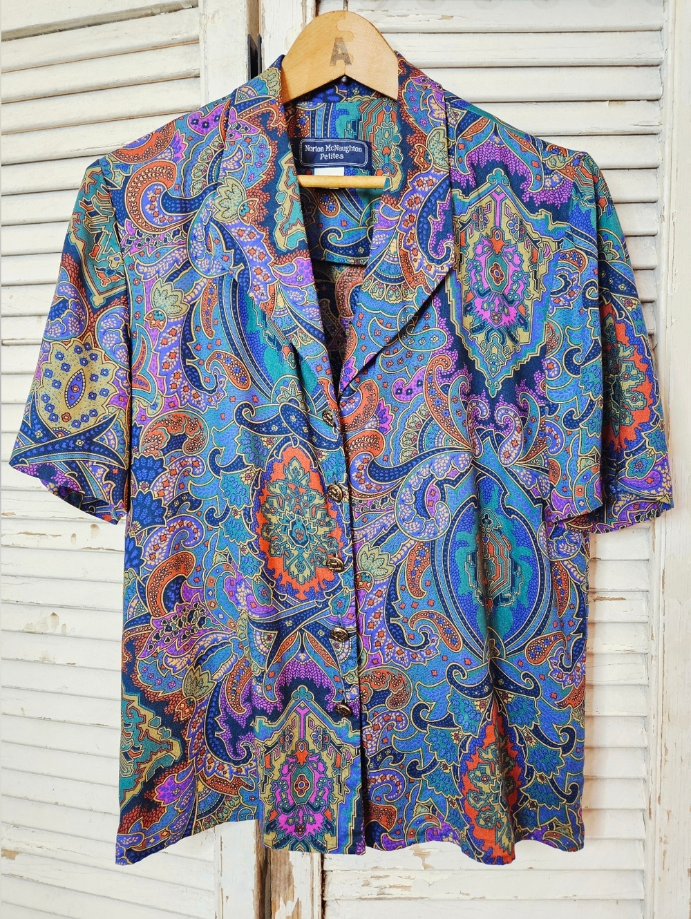 Vintage 90s Norton McNaughton Petites Rayon Paisley Printed Blouse Small